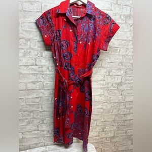 Nieves Lavi New York cotton red short sleeve dress women’s 8‎ belted pattern
